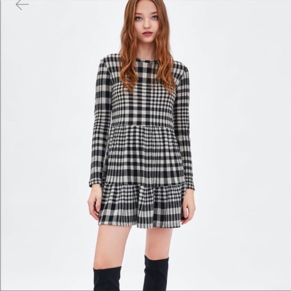 Zara Tiered Plaid baby doll Mini Dress Medium